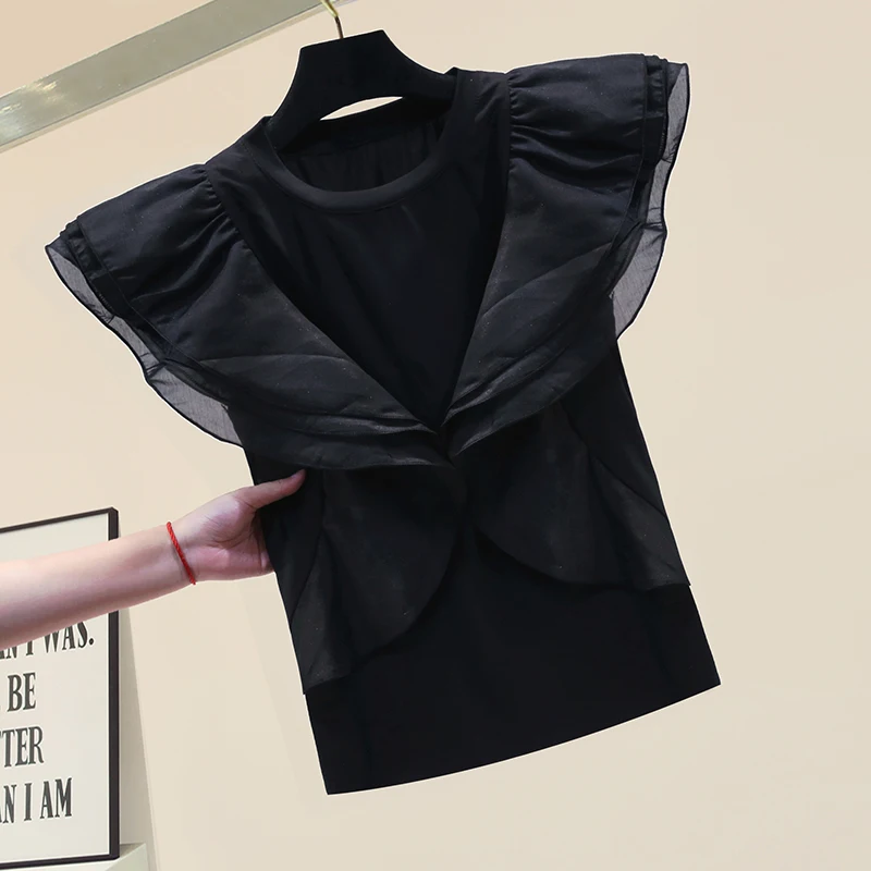 

Повседневная хлопковая футболка без рукавов с оборками, свободная футболка с коротким рукавом, женские новые летние футболки, топы, коротка...