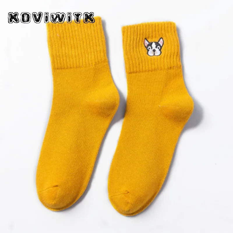 Cute French Bulldog Embroidery Five Colors Cotton Knitting Winter Autumn Warm Socks dropshipping harajuku anke Female Pug women