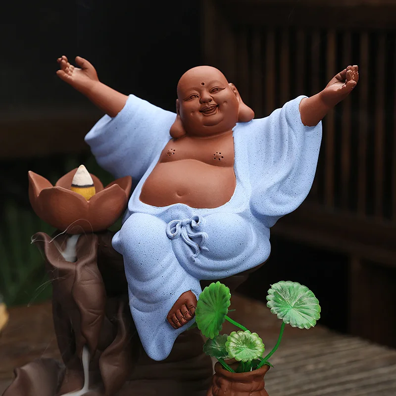 

Purple sand lucky Maitreya ornaments backflow incense burner tea ceremony incense sticks indoor study porch home decorations