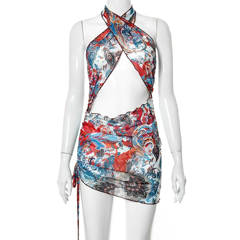 

Giyu Vintage Printed Woman Dress 2021 Summer Casual Halter Backless Mini Dress Sexy Hollow Out Lace Up Ruched Vestidos Clubwear