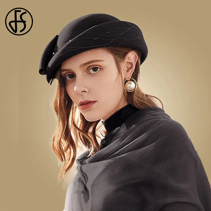Женский шерстяной берет FS фетровый во французском стиле с жемчужинами зимний