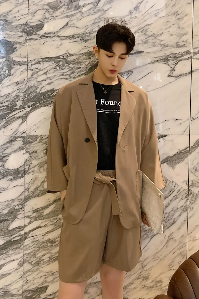 

IEFB 2021 Summer Men's Clothing Solid Color Men's Three Quarter Sleeve Single Button Suit Coat + Elastic Waist Shorts Set 9Y6399