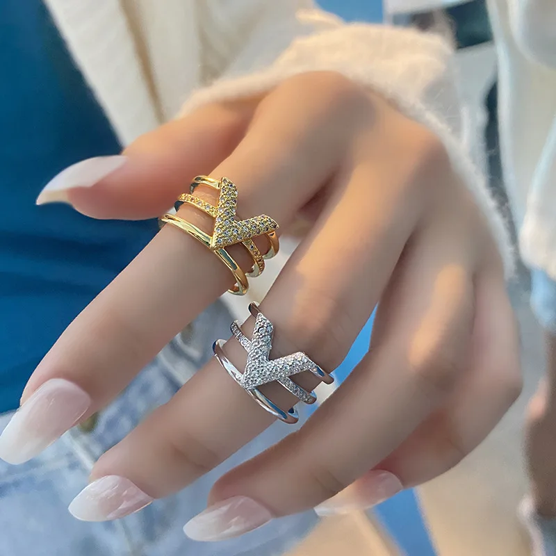 

Popular V-shaped letter gold color inlaid zircon opening adjustable rings party wedding holiday gift women jewelry accessories