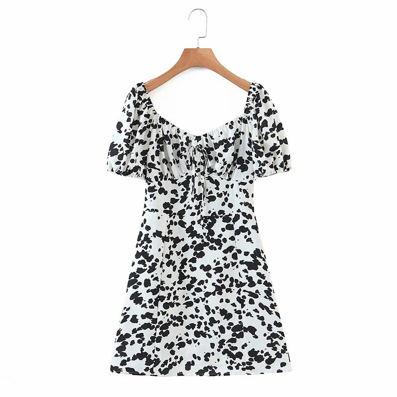 

DOUJILI White With Black Dress Short Sleeve Round Low Neck Soft Fashion Women Dress Summer Wearing