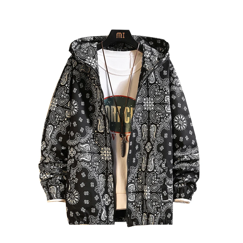 

Hip Hop Printed Spring Autumn Jacket Men Hood Windbreak Cardigan Outerwear Harajuku Men's Windbreaker Overcoat Mens Clothing