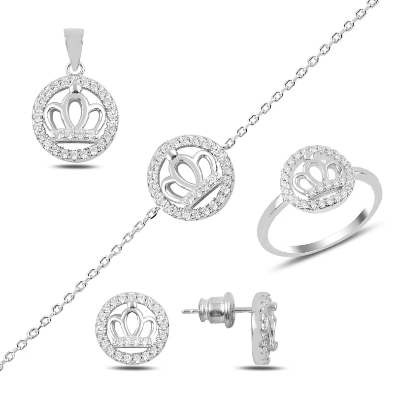 

Silverlina Silver Zircon Stone Crown Earrings, Pendant, Bracelet & Ring Set