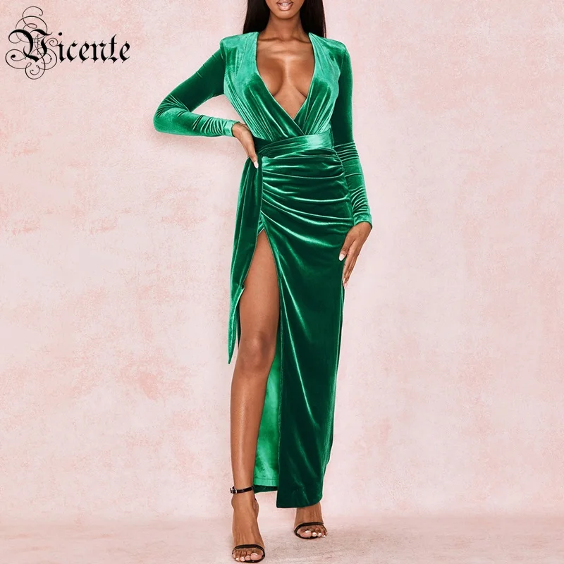 VC Бесплатная доставка Для женщин зеленый сексуальное платье с глубоким v