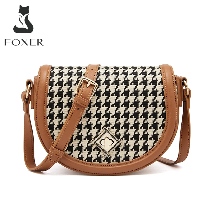 

FOXER Brand Retro Lady Houndstooth Fabric Shoulder Bag Fashion Female Crossbody Bag for Woman Small Luxury Messenger Saddle Bags