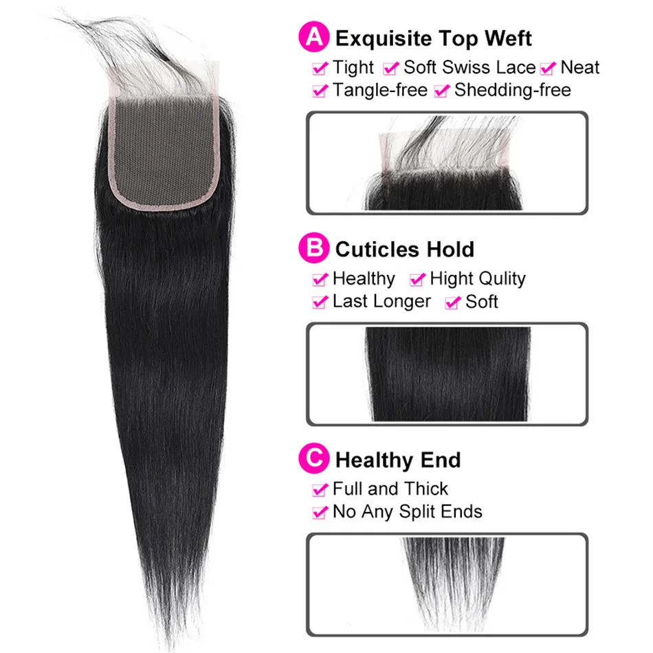 Feel Me бразильские прямые пучки волос с закрытием человеческие волосы 3/4 4*4