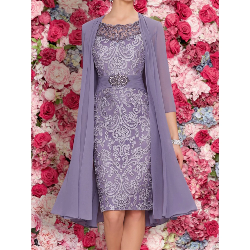 

Amazing Blue Dinner Dresses For Women 3/4 Sleeves Knee-Length Appliques Beading Ruffles Mother Of The Bride Dresses With Jacket