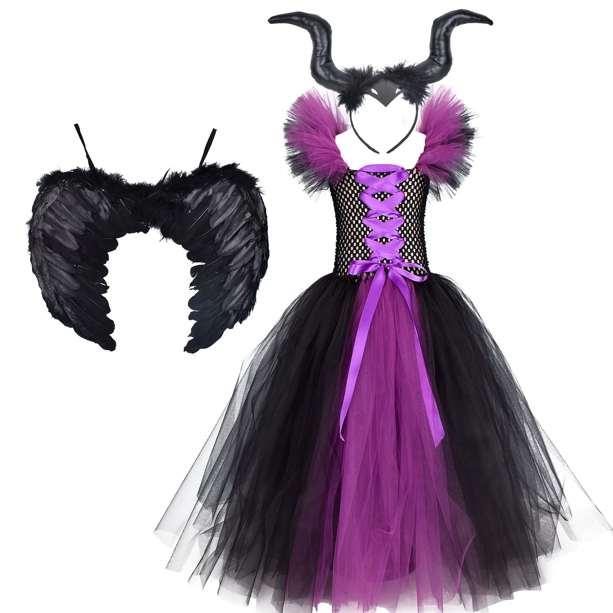 Maleficent Tutu Dress Black Evil Queen Costume with Horns Wicked Girls Party Tulle Gowns Fancy Dresses | Детская одежда и обувь
