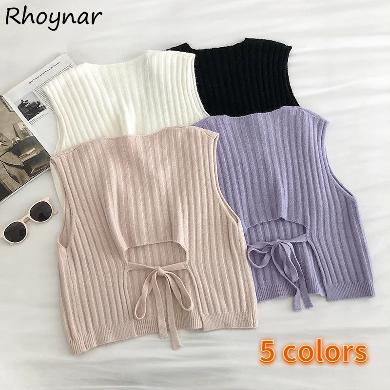 

Женский мягкий Однотонный свитер-жилет без рукавов, с V-образным вырезом, на шнуровке, универсальная Удобная Весенняя простая Женская одежд...