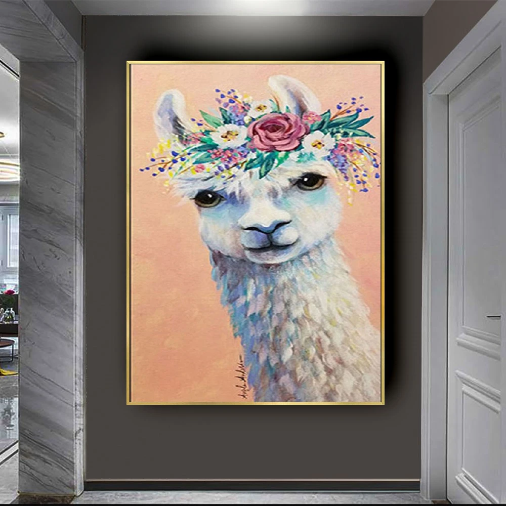 

Hand painted funny animal oil painting Alpaca sheep ostrich Canvas Painting Wall Picture Home Decoration uinque gift wall art