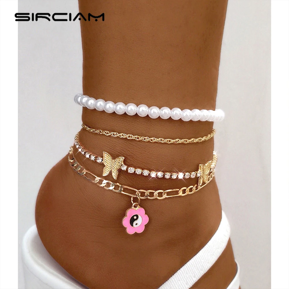 

Bohemia Pink Enamel Flower Butterfly Beaded Anklets For Women Crystal Chain Yin Yang Pendant Tennis Anklet Beach Foot Jewelry