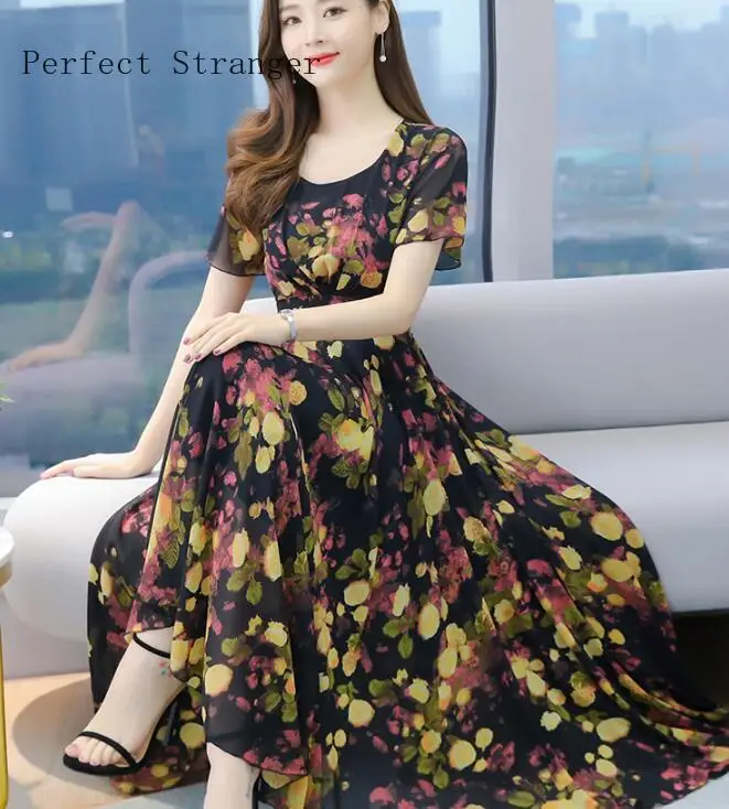 2021 Summer High Quality Elegant V Collar Short Sleeve Flower Printed Collect Waist Woman Chiffon Long Dress M-4XL | Женская одежда