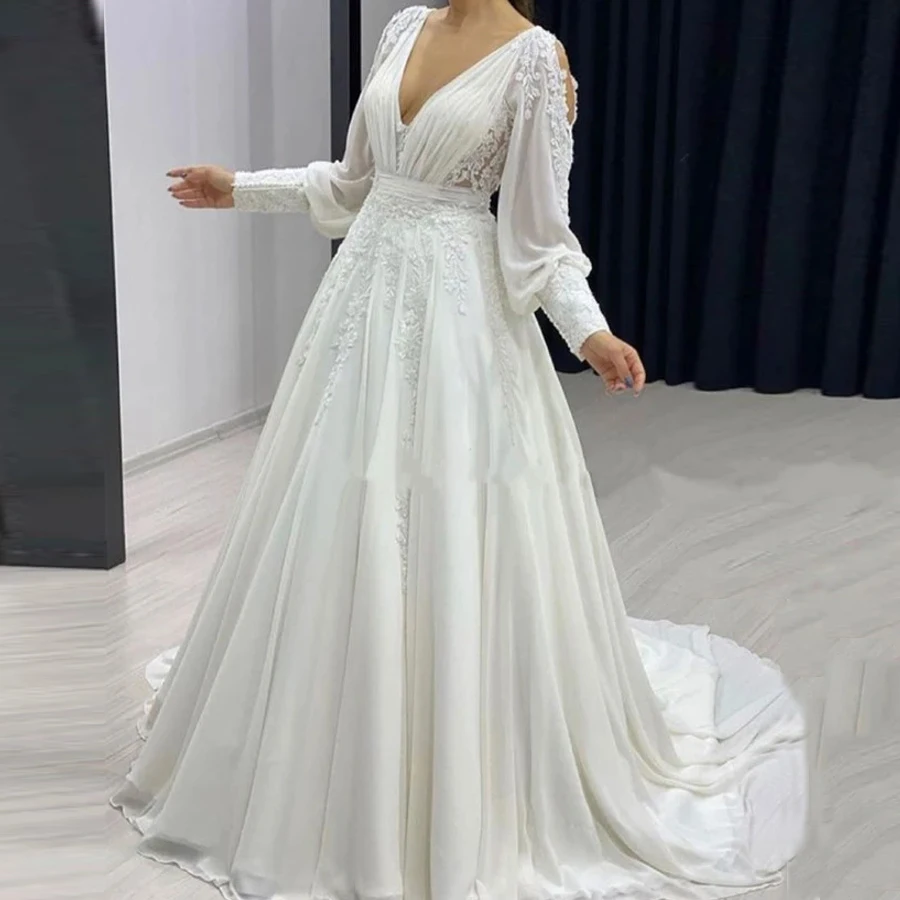 

Jiayigong Boho Chiffon Wedding Dress with Lantern Sleeves V Neck Sweep Train A Line Vestido Noiva Beach Bridal Gown