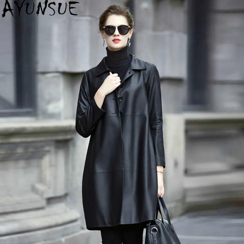 Куртка AYUNAUE из натуральной кожи, Женская Длинная ветровка, 2020, 2967