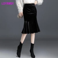 gold velvet fishtail skirt women autumn and winter 2021 new mid length high waist bag hip skirt women
