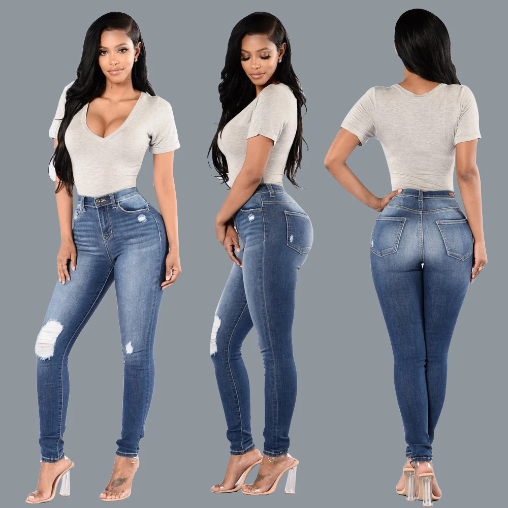 2019 женские новые рваные модные джинсы с дырками обтягивающие синие джинсовые