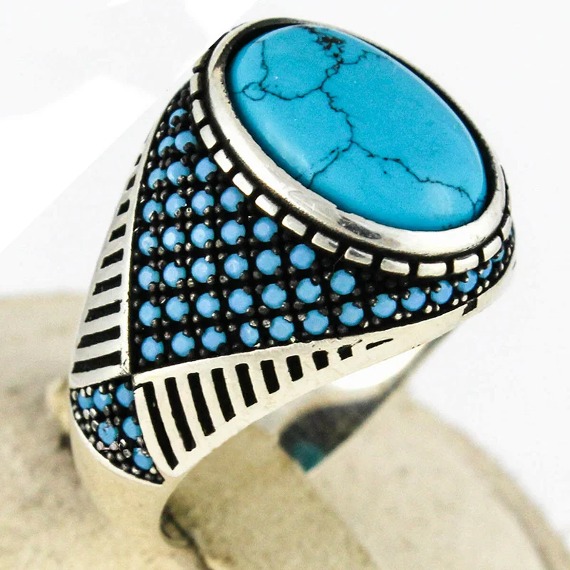 

Punk Men's Silver Color Blue Geometric Oval Stone Finger Ring for Male Party Jewelry Size 6-13