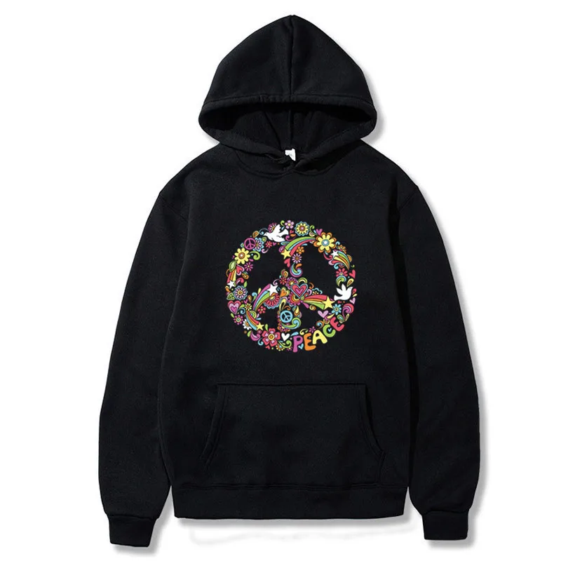 

Hot Flowers Peace Logo Printed Long-Sleeved Hooded Plus Size Hoodies Fleece Oversized Crewneck Sweatshirt Winter Fall Tops