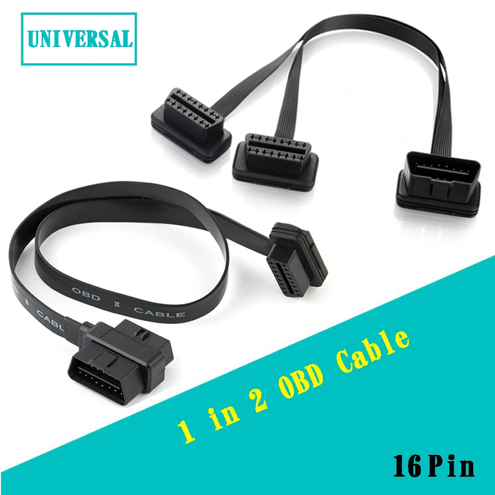 Плоский + тонкий 16 Pin OBD удлинитель ELM327 Штекерный к двойному гнезду Y сплиттер