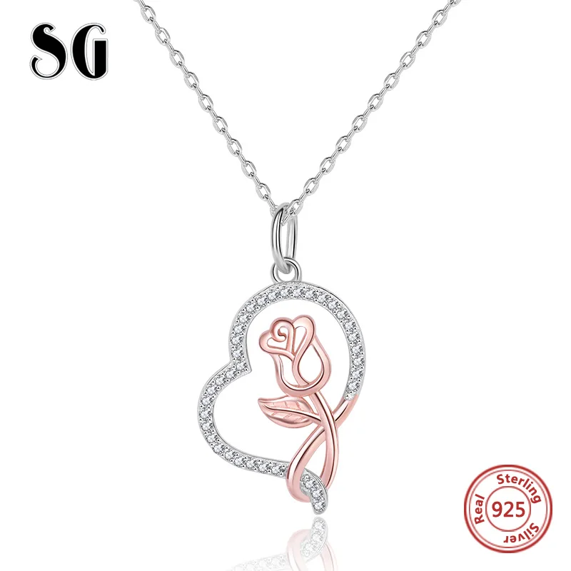 SG 925 пробы, Серебряное сердце, ожерелье с подвеской, розовое Цветочное Ожерелье-цепочка с фианитами, модное ювелирное изделие для женщин, подарки