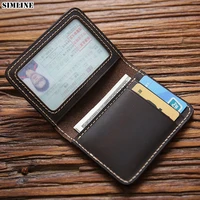 simline genuine leather credit card holder for men vintage short handmade bifold slim small man wallet purse driver license case
