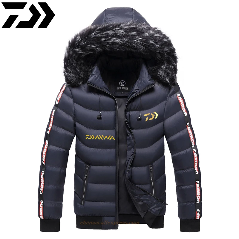 

DAIWA 2020 Parka Men Winter Fur Hooded Jackets Thick Windbreaker Outwear Warm Coats Solid Fishing Clothing Plus Size L-5XL