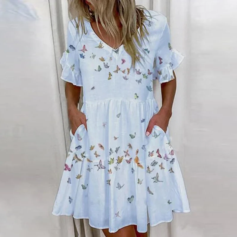 

Elegant Floral Print Ruffle Women Mini Dress Casual Party Dress Ladies 2021 Summer Sexy V-Neck Dresses Vestidos Zaraing Sheining