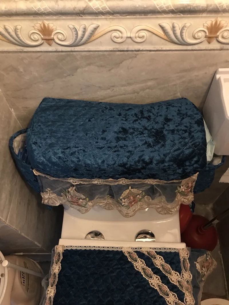 

3pcs Toilet Seat Cover Washable Toilet Cover Tank Cover With Storage Bags Bathroom Plush Blue Red Toilet Overcoat