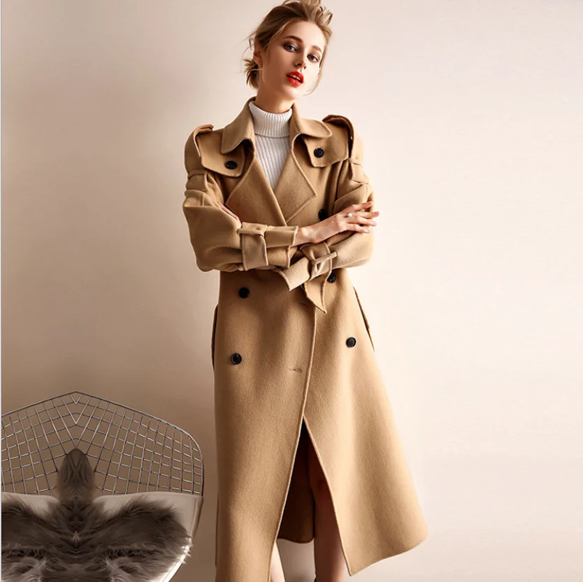

Bright Camel Ladies Long Notched Cashmere Coat Winter Belt Woman Black Fashion OL Outerwear Woolen Grace Comfort New Overcoating