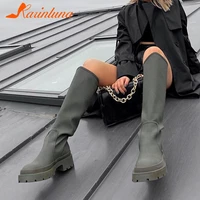 brand new ladies platform black green boots fashion slip on chunky med heels knee high boots women casual party shoes woman