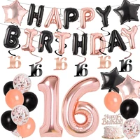 black rose gold 16th birthday party decorations happy birthday balloon banner number 16 balloons for girl 16 year old supplies
