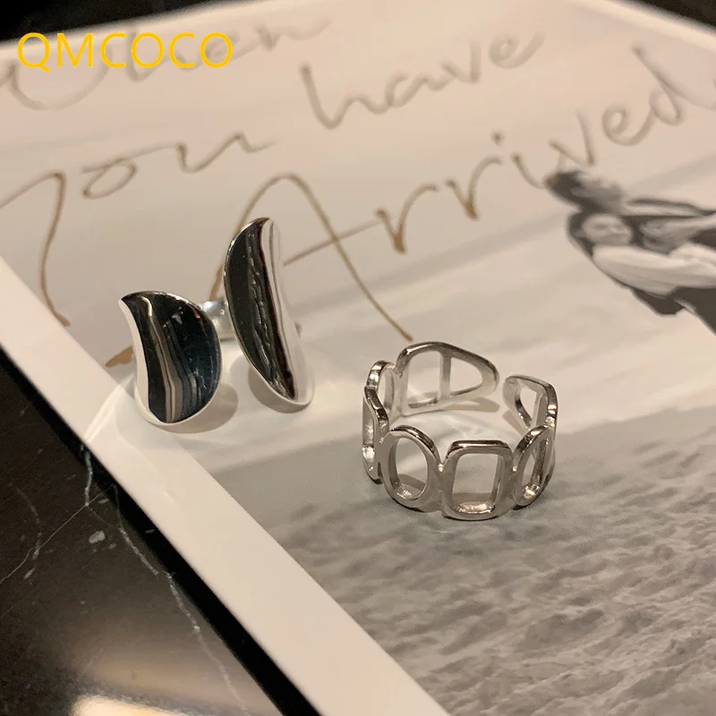 

QMCOCO Minimalist Silver Color Punk Wide Rings For Women Fashion Creative Hollow Out Geometric Handmade Party Jewelry Gifts