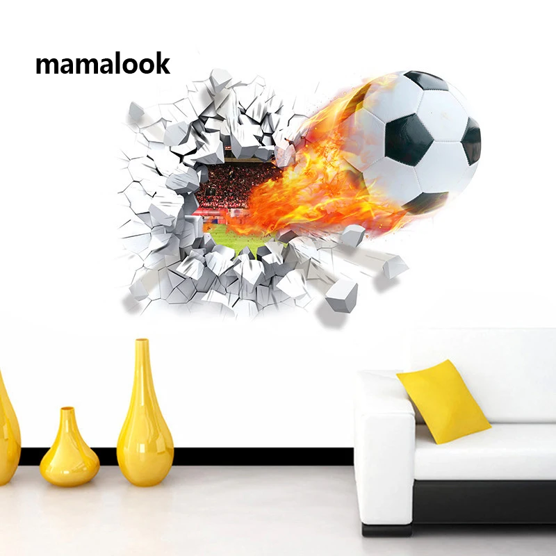 

Football Soccer ball through the wall stickers TV background Removable living room bedroom wall decals boys room decoration