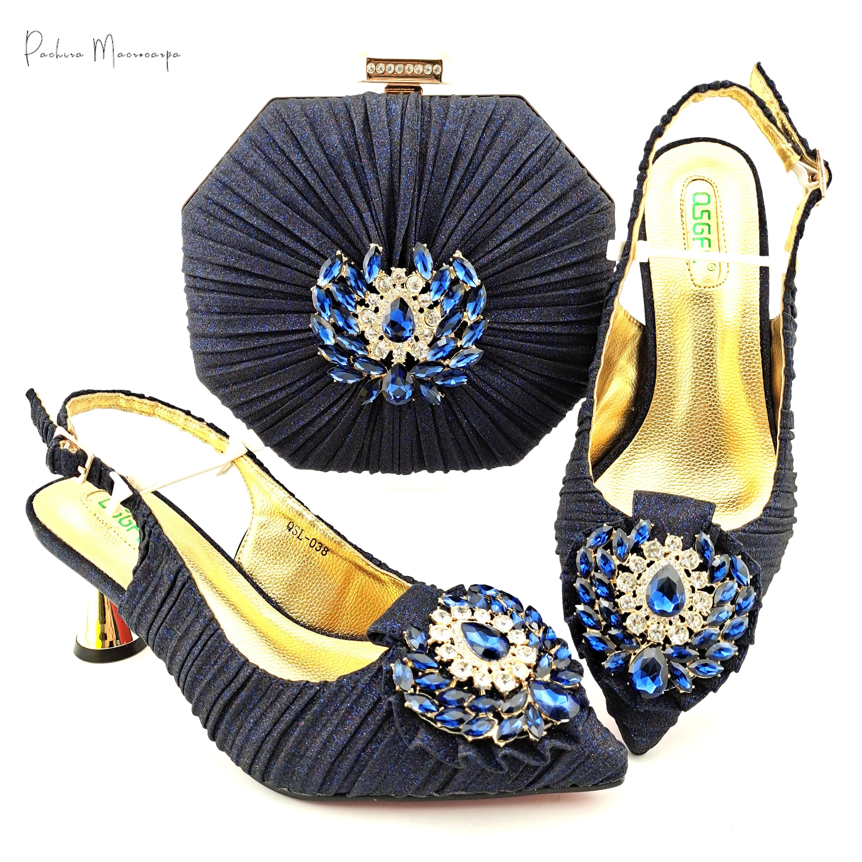 

Italian Design Hot Selling Noble N.Blue Color Party Wedding Ladies Shoes and Bag Set Decorated With Colorful Crystal