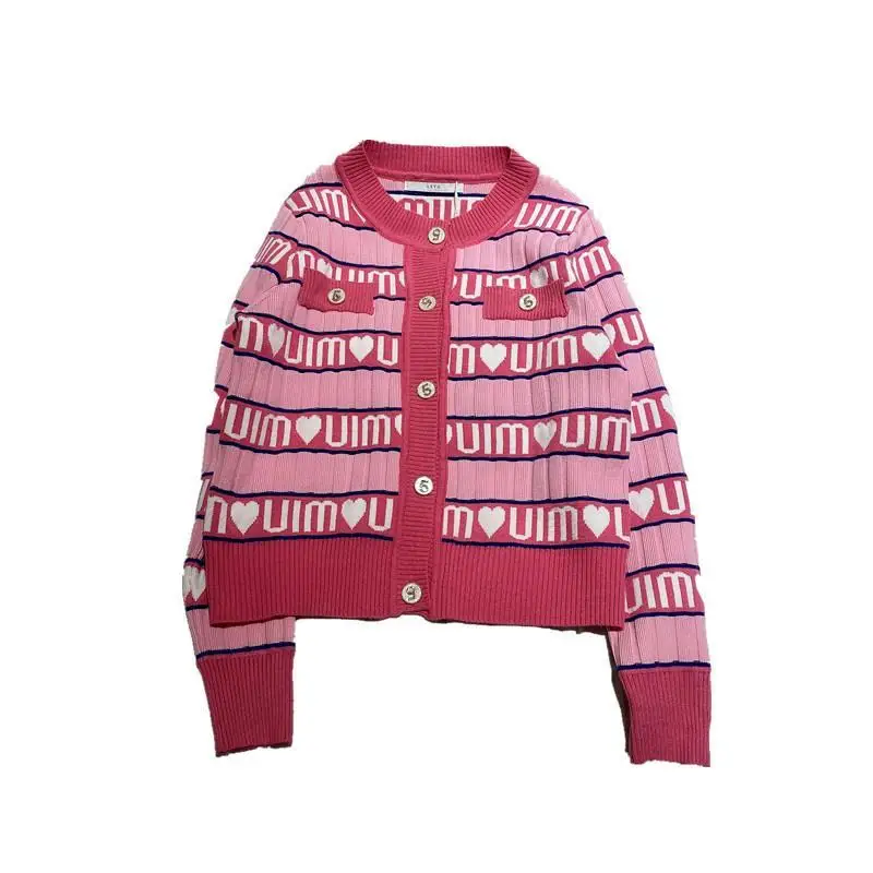 

2021 coat women tide ins spring and summer new letter color matching love knitted cardigan jacket short peach powder