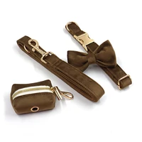 new dog collar leash modern style novel design brown velvet pet collar leash set luxury velvet collar with bowtie poo bag holder