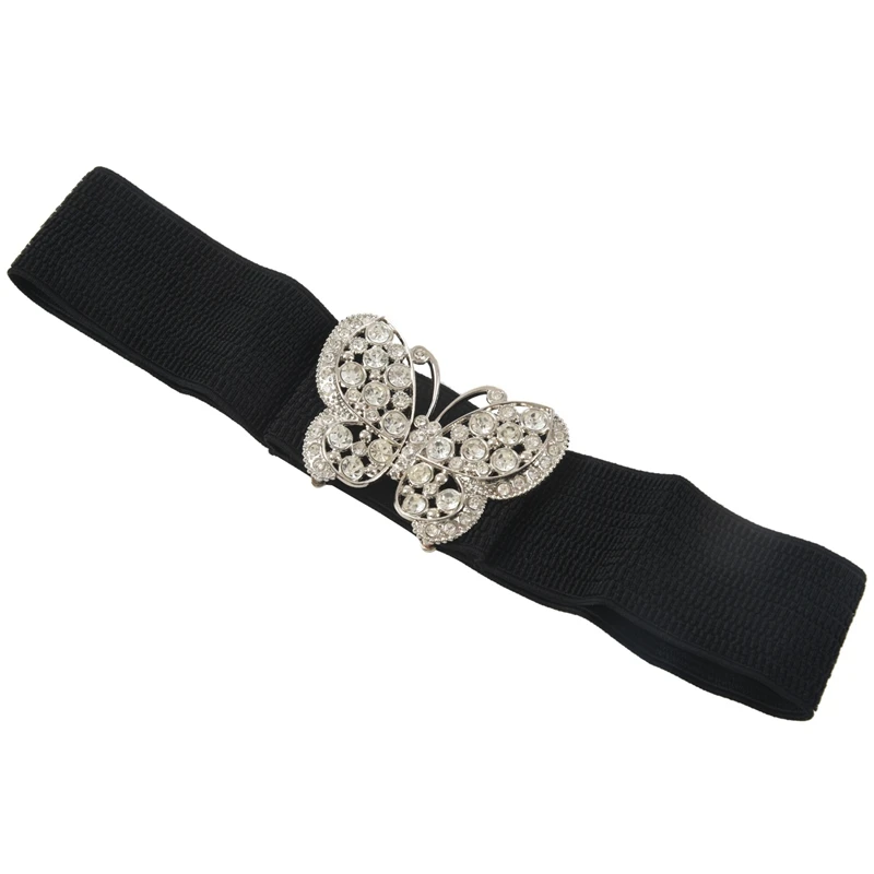 

Women Rhinestones Accent Butterfly Hook Buckle Black Elastic Cinch Waist Belt
