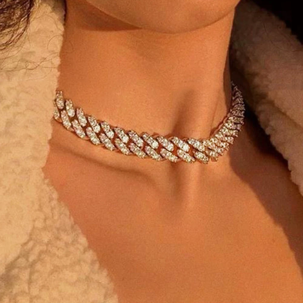 

Bling Crystal Cuban Link Chain Choker Necklaces for Women Men Iced Out Hip Hop Rapper Paved Rhinestones Necklace Punk Jewelry