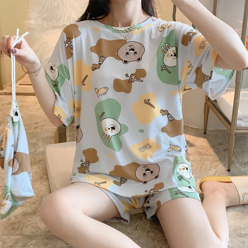 Пижама WAVMIT из полиэстера с коротким рукавом Милая женская одежда для сна отдыха 3