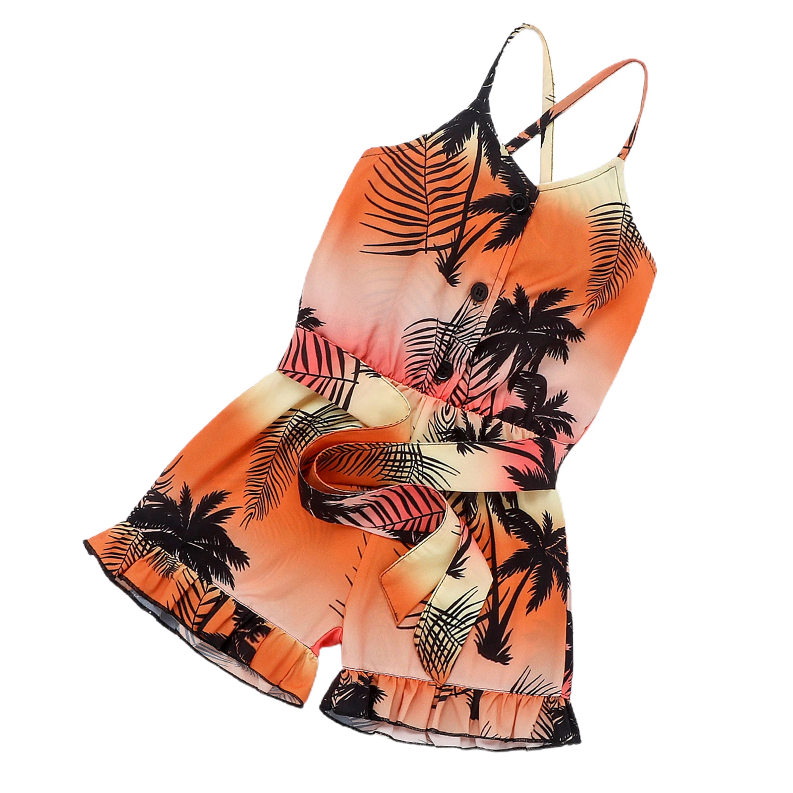 

Children Tree Print Short Romper, Girls Sleeveless V-neck Sling Jumpsuit with Waistband One-Piece Outfit Baby Girl Clothes