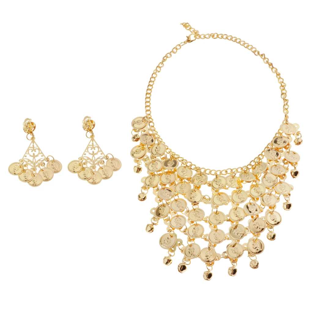 

2x Womens Adults Belly Dance Jewelry Set Gold Necklace Earrings Party Dancewear