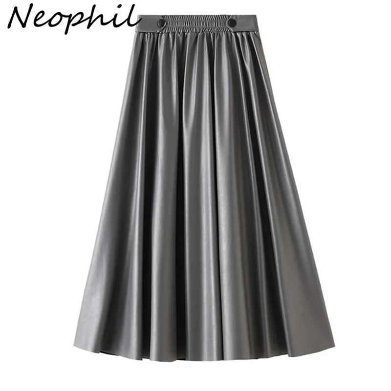 

Neophil High Waist Women Latex Pleated Long Skirt Pu Faux Leather Elastic Swing Runched Skirt Gray 2022 Winter Longa Saia S21804