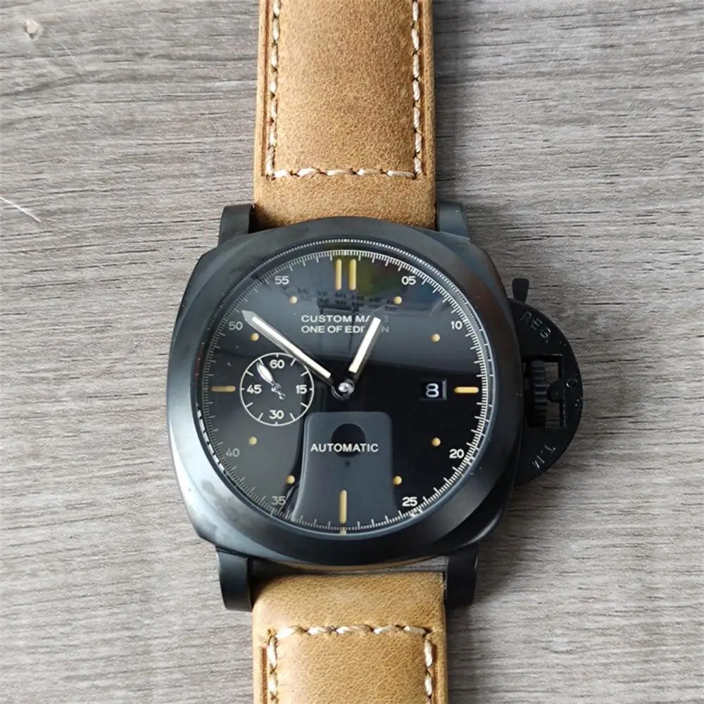 Часы мужские механические в стиле милитари 44 мм с кожаным ремешком|Мужские часы| |