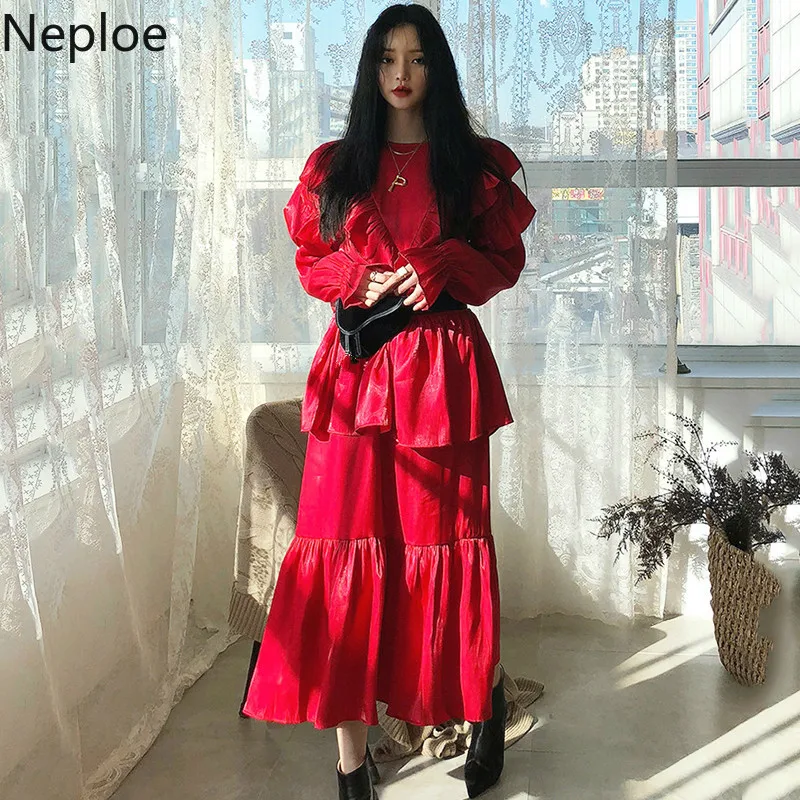 Neploe корейский шик оборками Глянцевый слой кекс платье Элегантный Высокая талия