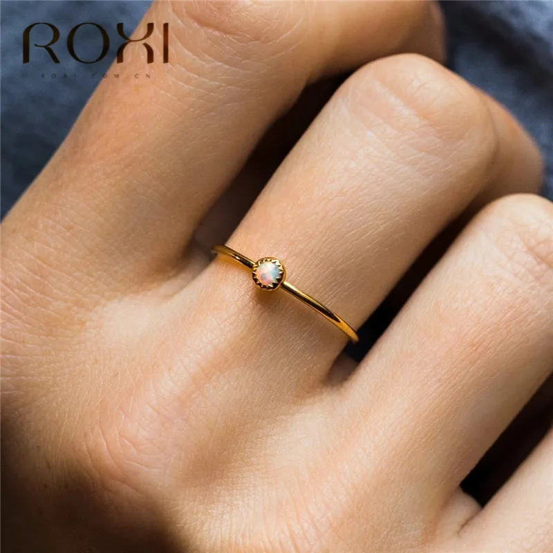 ROXI тонкий дизайн круглый Опаловый камень кольцо для женщин изысканное тонкое кольцо с камнем рождения Свадебные украшения Изящные Несколько колец