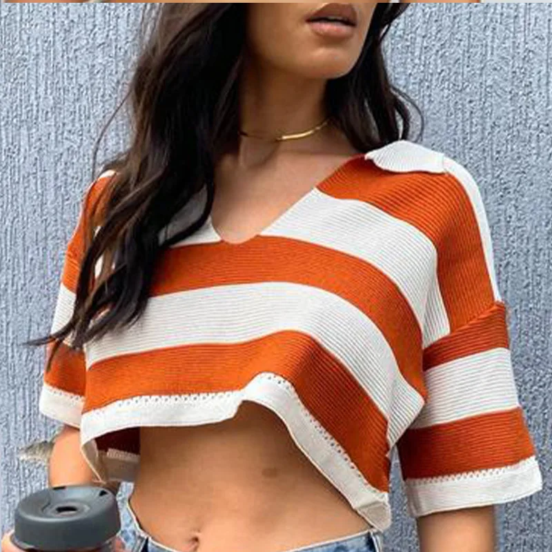 

2021 Summer Knitted Striped Women's Crop Top T-shirt Polo Collar Short Sleeve Female T-shirts Sexy Fashion Patchwork Lady Top