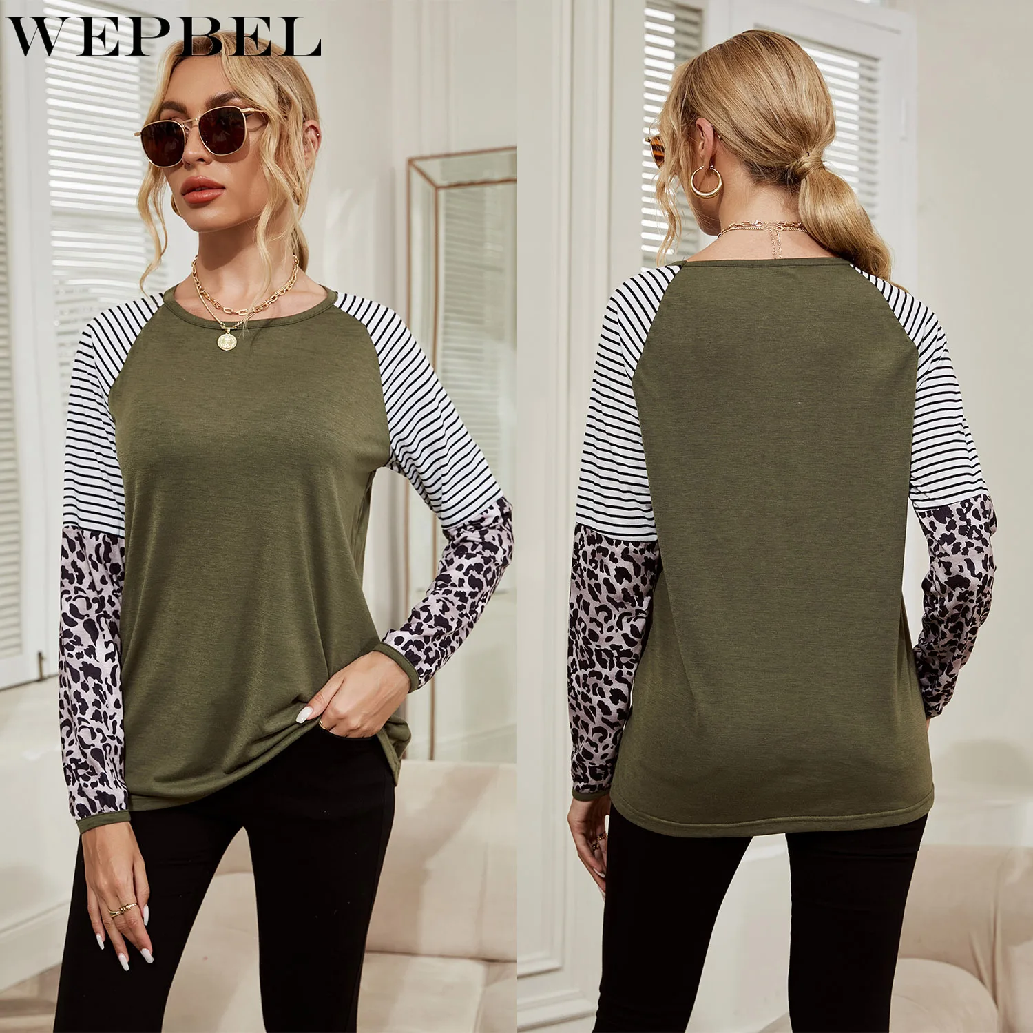 

WEPBEL T-shirt Women's Casual Leopard Stripe Printed Loose T-shirt Autumn Fashion Long Sleeve O-Neck Pullover T-shirt
